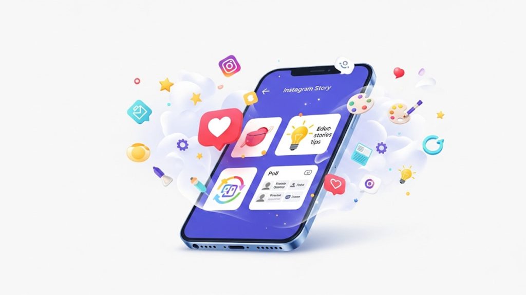 An illustration of a phone screen with a continuous loop of Instagram Story icons, surrounded by a cloud of colorful symbols, symbolizing a guide to beating story block.