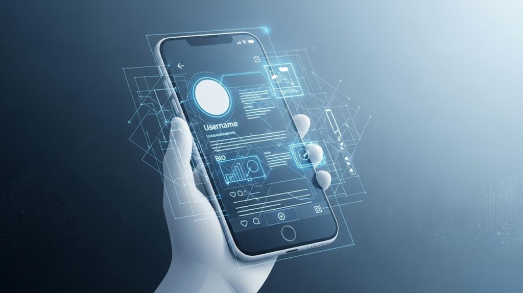 An illustration of an Instagram profile page being built like a blueprint, with key elements glowing, symbolizing a strategic plan to optimize a profile for growth.