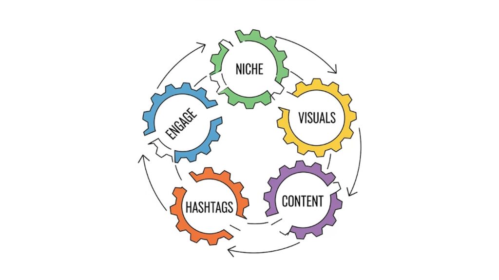 A symbolic illustration of a continuous cycle or a circle made of five interlocking gears. Each gear is labeled with one of the five steps for organic growth: Niche, Visuals, Content, Hashtags, and Engage, representing a self-sustaining and compounding process.