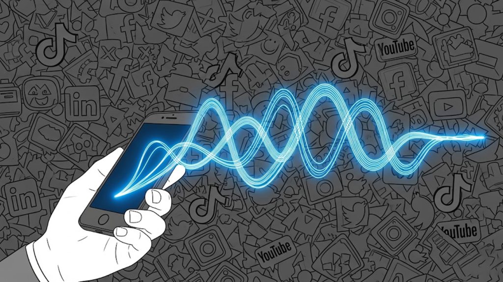An illustration of a hand holding a phone with glowing lines that form a clear path, symbolizing intentional social media growth.