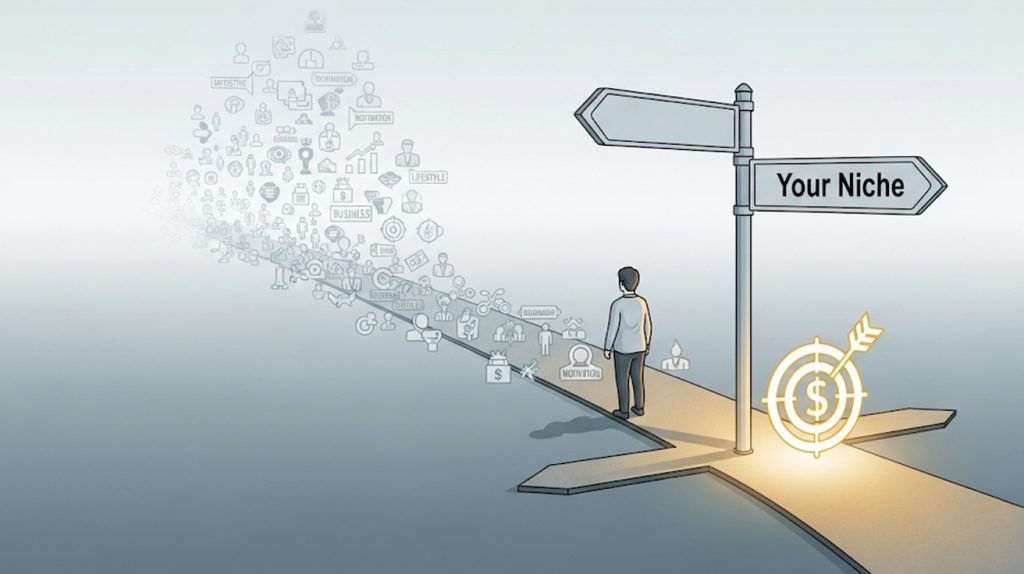 A conceptual illustration of a person standing at a crossroads, choosing between a wide, generic path and a narrow, focused path to a profitable niche.