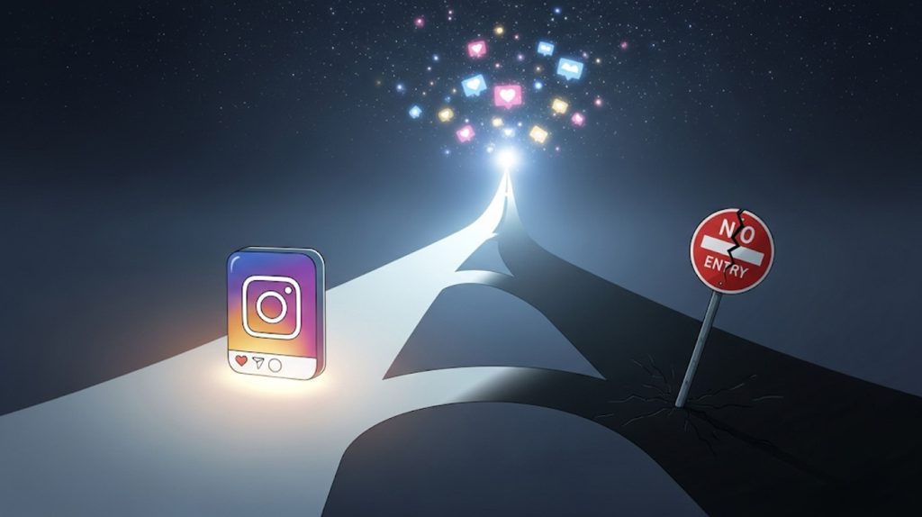 An illustration of a single Instagram post on a path that splits, representing the post's journey to either virality or stagnation.