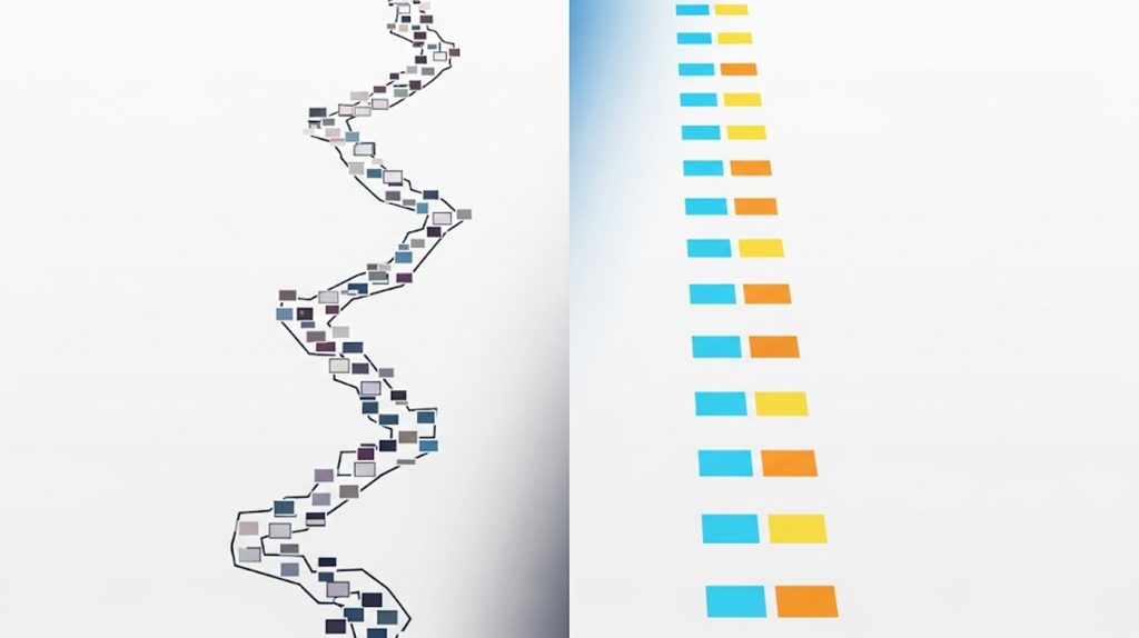 A digital illustration showing two different paths on a social media feed. One path is erratic and jagged, with inconsistent posts, while the other is a smooth, continuous line with regularly spaced posts, symbolizing consistency.