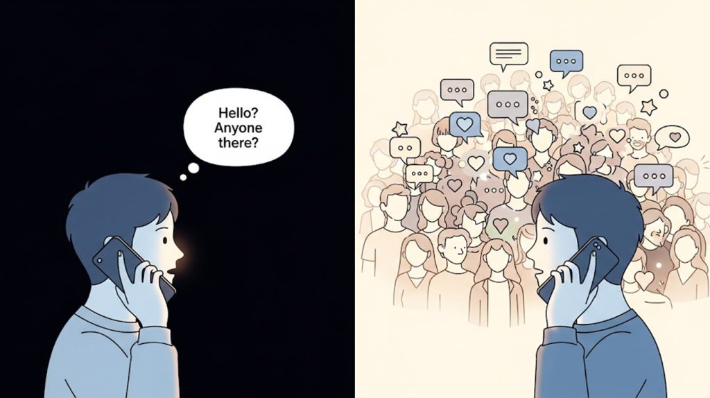An illustration contrasting a person talking to an empty, disengaged audience with a person talking to a lively, engaged crowd.