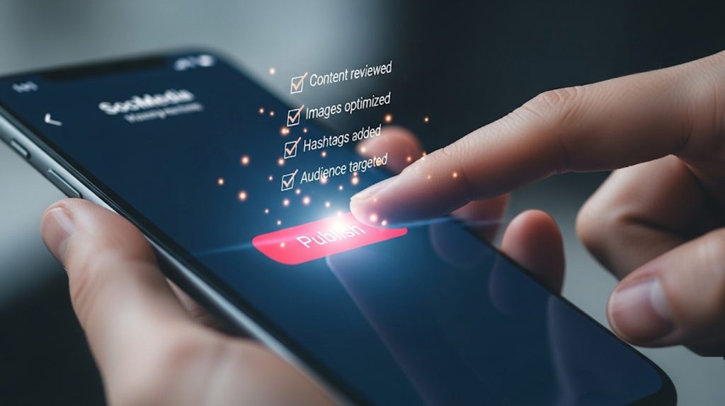 A symbolic illustration of a person pressing a "publish" button on a social media app. Behind the button, a series of glowing checklist items are visible, representing the crucial pre-posting routine that ensures a successful launch.