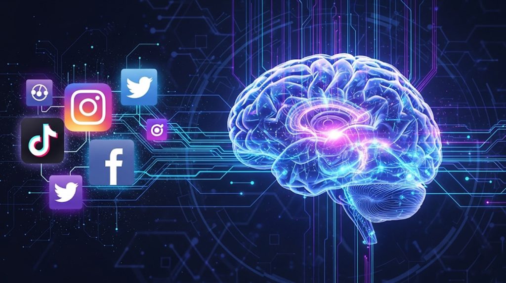 A brain with glowing connections to social media logos, symbolizing the use of psychology to create viral content on platforms like Instagram.