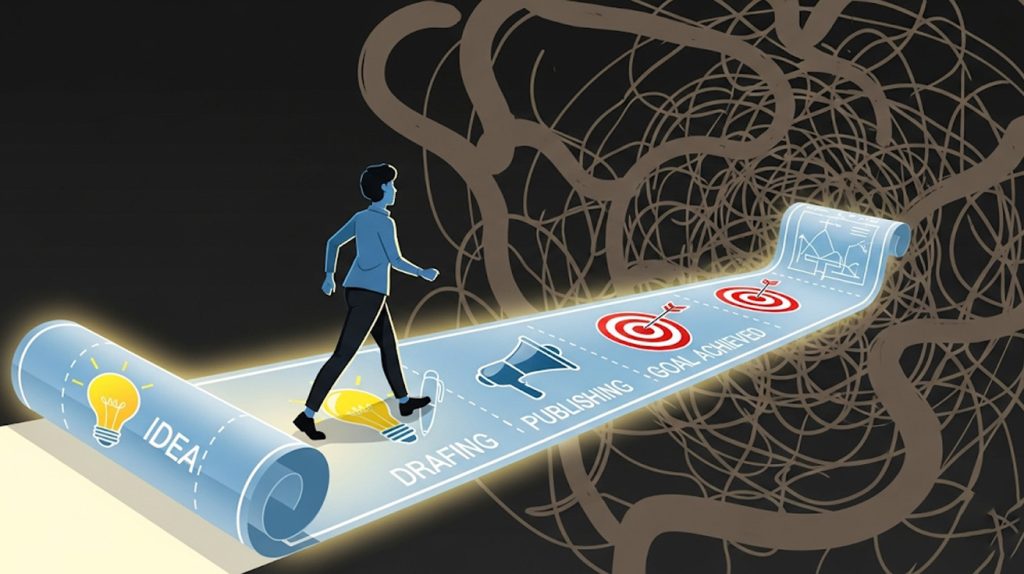 An illustration of a person walking on a clear, well-lit path that unrolls like a blueprint, symbolizing purposeful content creation.