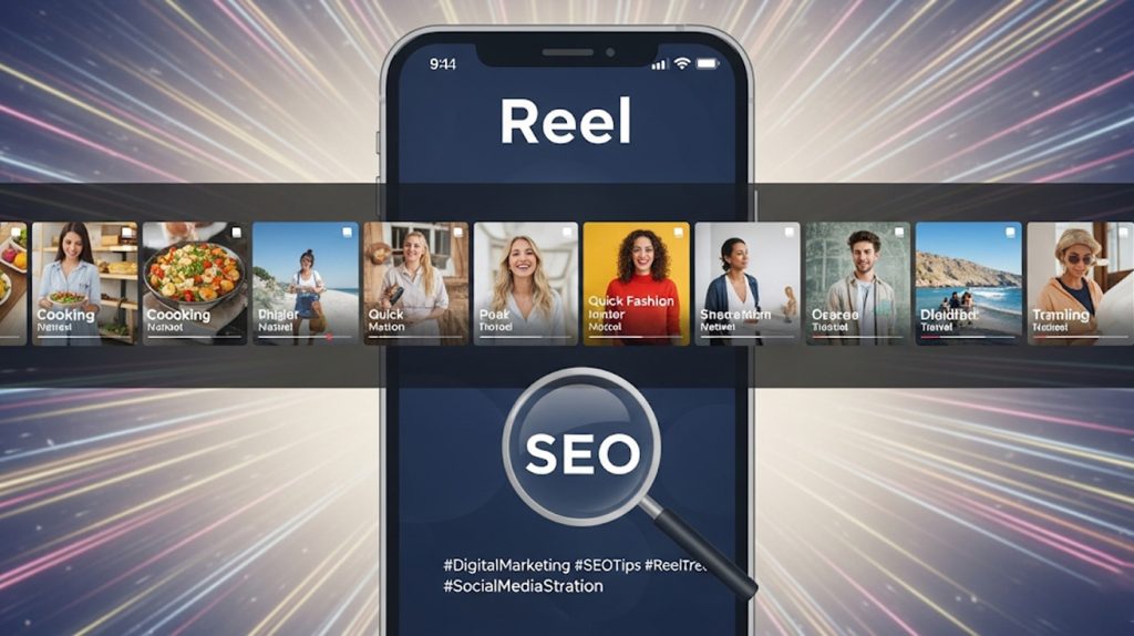 An illustration of an Instagram Reel with high-quality visuals, consistent branding, and an SEO-rich caption, symbolizing a strategy for viral discovery.