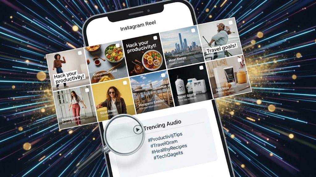 An illustration of an Instagram Reel with high-quality visuals, trending audio, and SEO-rich hashtags, symbolizing a strategy for viral discovery and business growth.
