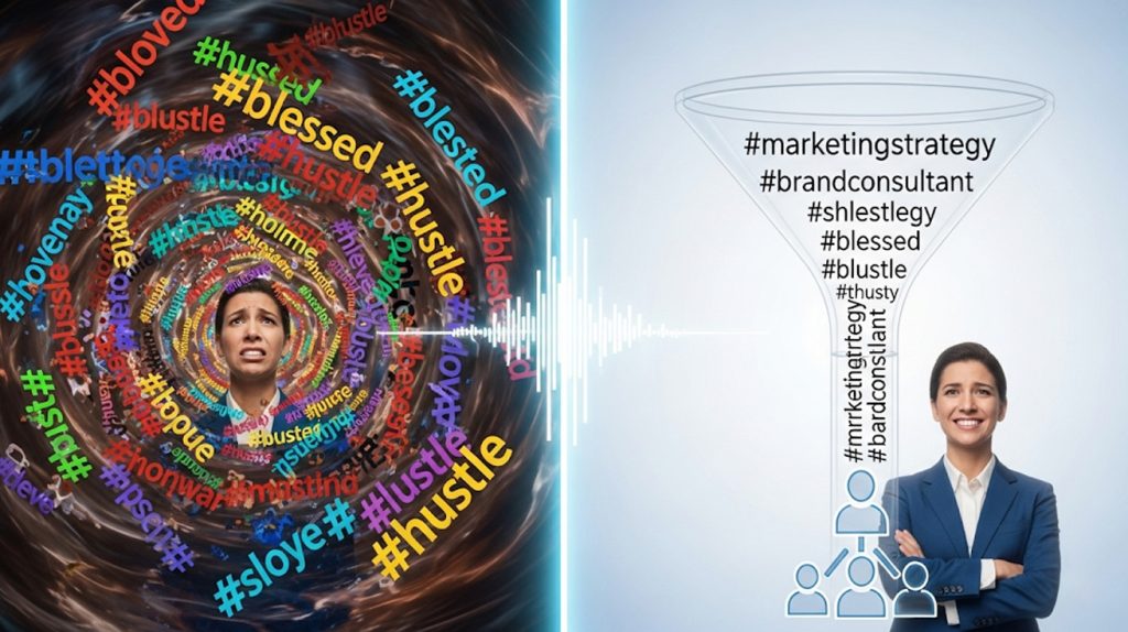 A conceptual illustration contrasting a chaotic mess of random hashtags with a clear, strategic hashtag funnel, symbolizing the secret to viral growth.