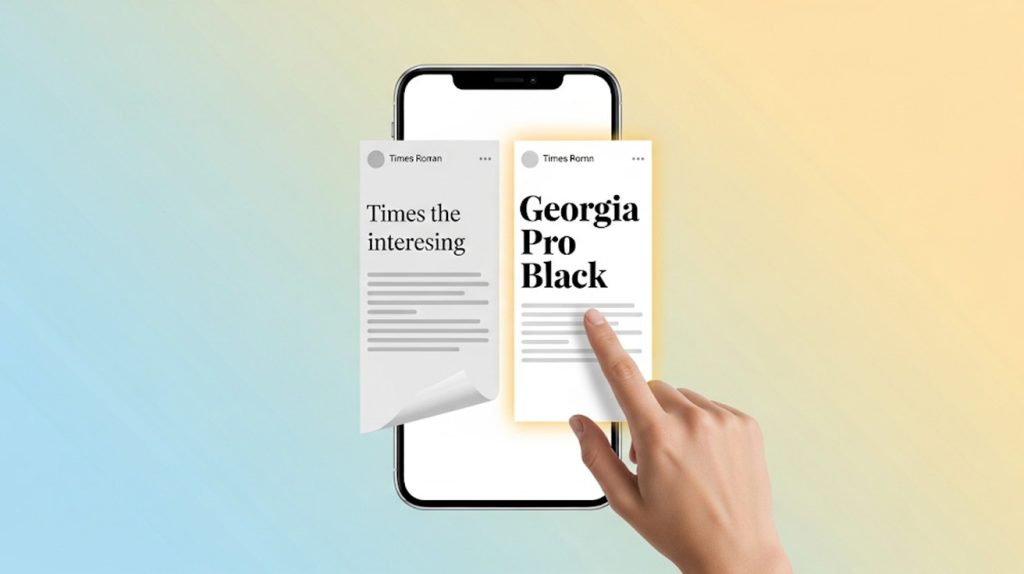 A visual metaphor showing a phone screen with two identical social media posts. The post on the left has a boring font and is being scrolled past, while the post on the right has a vibrant, eye-catching font and is being engaged with.