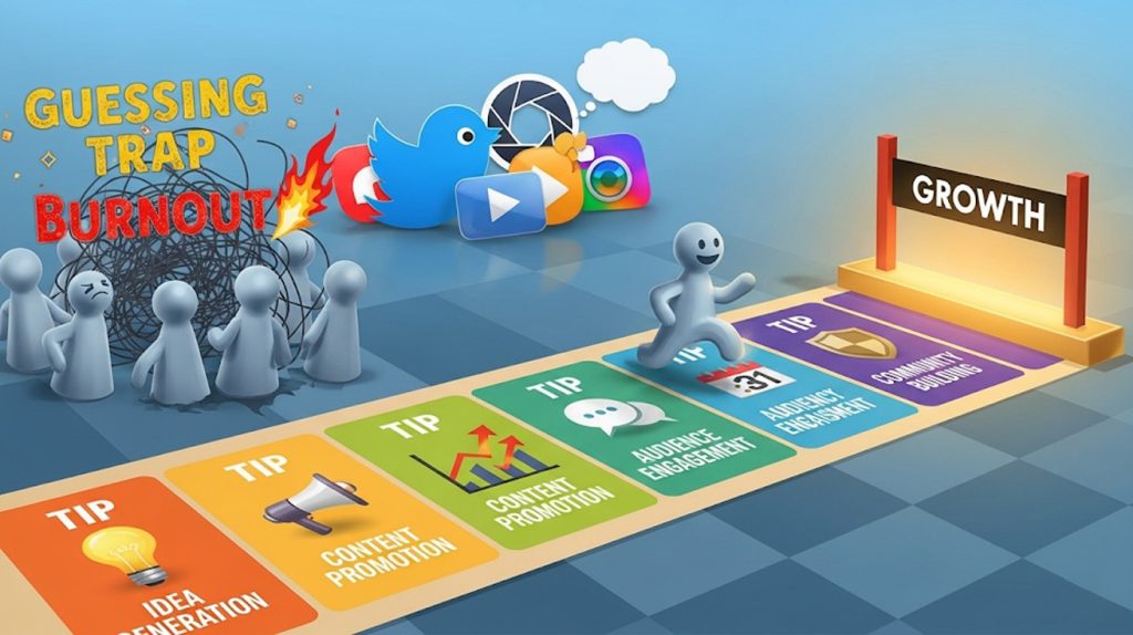 A board game scene with a person moving their game piece along a clear, strategic path towards a "Growth" finish line, while other pieces are stuck in a chaotic "Guessing Trap."