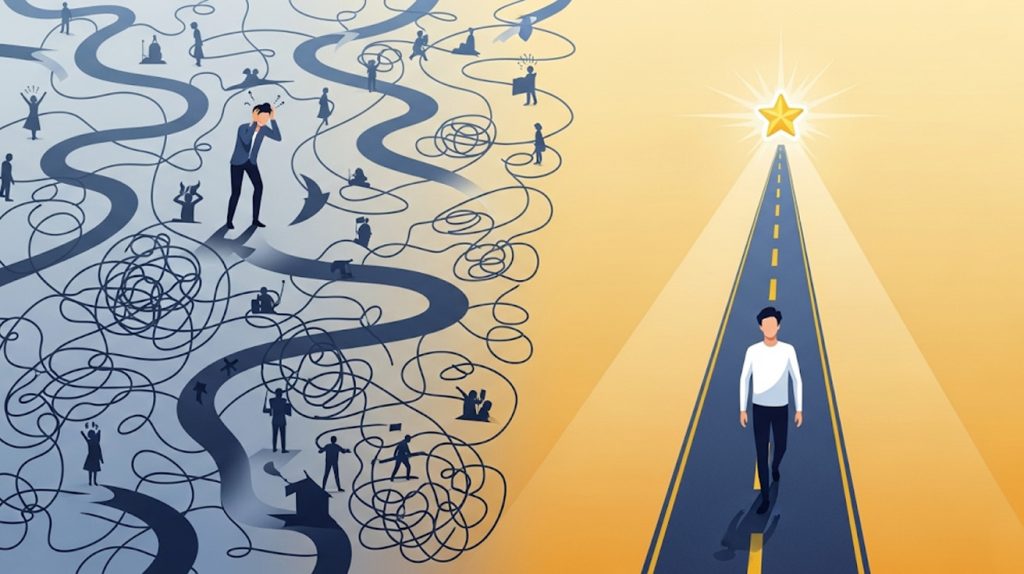 An illustration showing two different paths for social media growth. One path is chaotic, with tangled lines and a tired figure, while the other is a straight, clear path leading to a destination, with a confident figure.