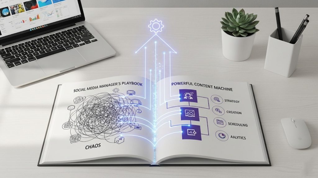 A visual representation of a social media manager's playbook, with a clear, glowing workflow rising from its pages