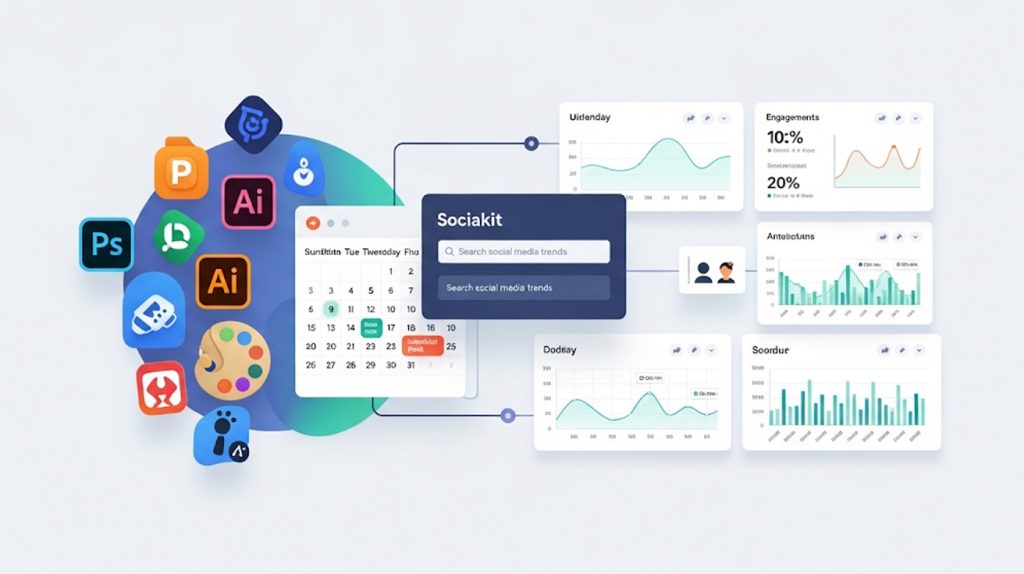 A digital illustration of various tools used in social media marketing, such as icons for graphic design, a calendar for scheduling, and charts for data analysis, all connected by lines to represent a cohesive toolkit.