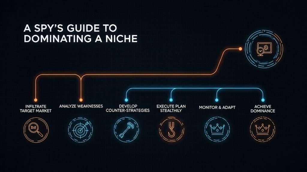 A visual representation of a spy guide blueprint, with glowing lines and icons, symbolizing a strategic plan to dominate a market niche.