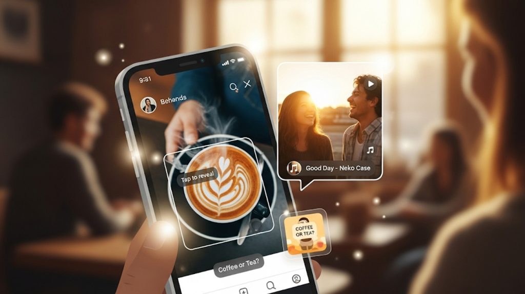 An illustration of a series of engaging Instagram Stories with interactive stickers and behind-the-scenes content, symbolizing a strategy for building community and driving engagement.