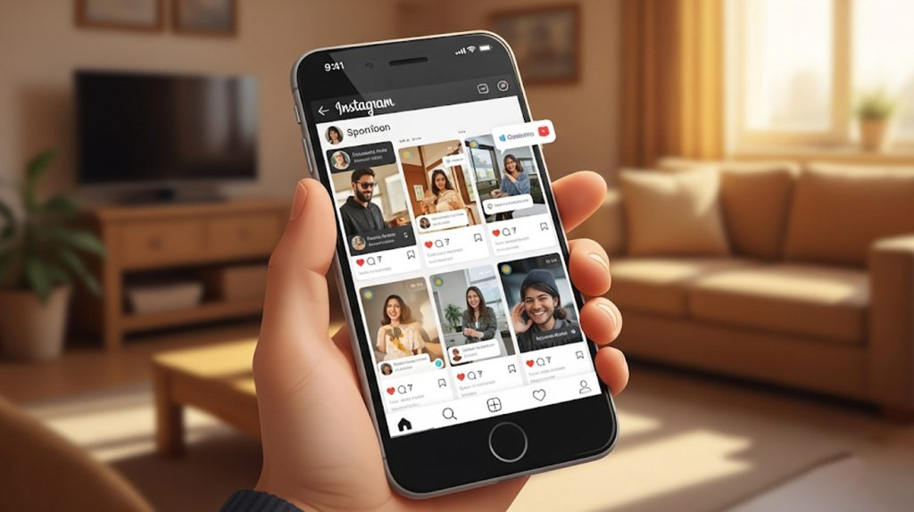 An illustration of a series of engaging Instagram Stories with interactive stickers and behind-the-scenes content, symbolizing a strategy for building community and fostering authenticity.