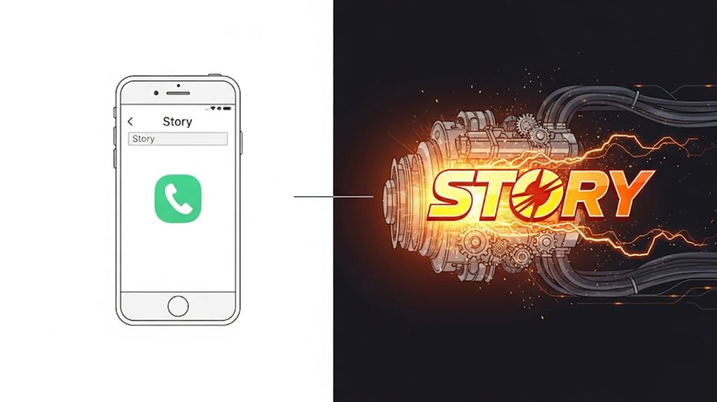 An illustration that contrasts a static, passive Instagram Story with a dynamic, powerful Story "engine" to show the difference between a random and strategic approach.