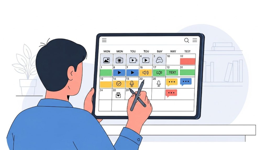 A clean and professional illustration showing a person in a calm and organized setting. The person is looking at a tablet or computer screen, which displays a clear and well-structured social media content calendar. The calendar is a grid with different icons and colors on each day, representing a variety of content types. The background is simple and uncluttered, with a few office plants or a clean desk, emphasizing the sense of order and reduced stress that comes from planning. The style is modern, professional, and visually represents a proactive approach to content creation.