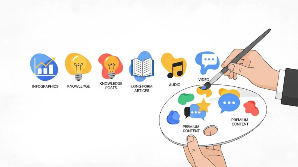 A symbolic illustration of an artist's palette. Instead of paint blobs, the palette holds seven different shapes and colors, each representing a valuable content type like an infographic, a knowledge post, or an interactive element. A hand holds a paintbrush, ready to mix and apply them.