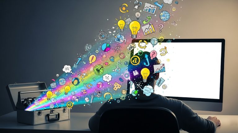 A person at a desk is shown with a blank screen, with a tool box on the desk creating a cascade of creative ideas, symbolizing a solution to creative block.