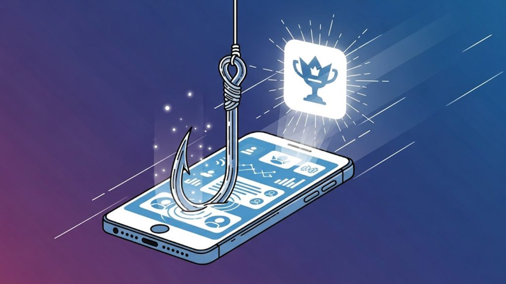 An illustration of a glowing hook pulling a phone screen toward a trophy icon, symbolizing a powerful hook that positions you as an expert.