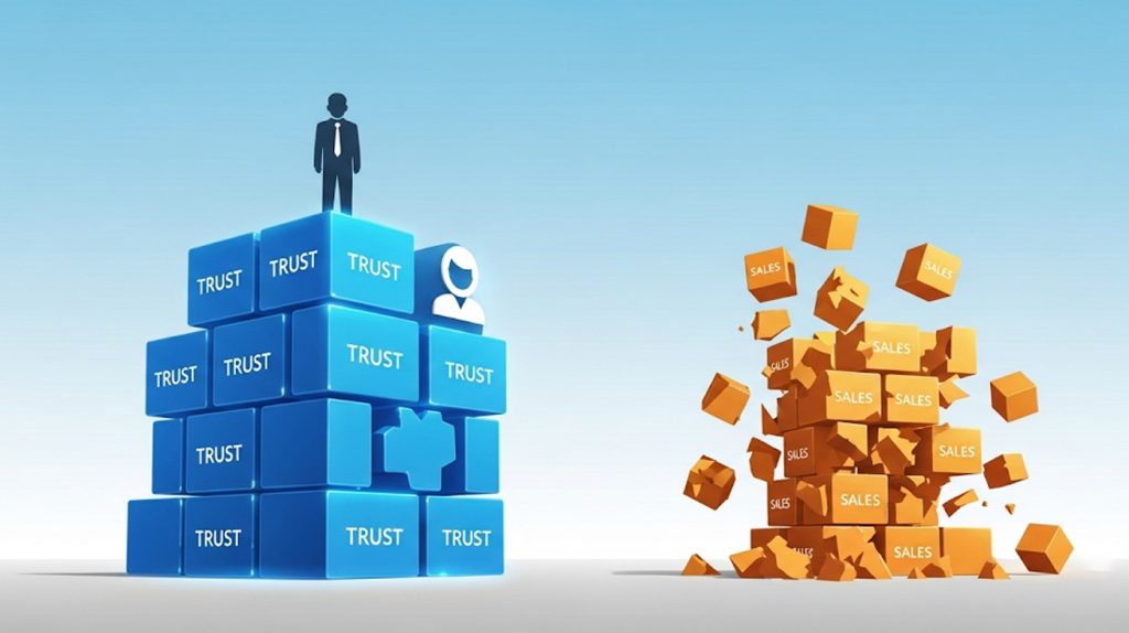 An illustration of a brand standing on a solid foundation made of blocks labeled "Trust," with a wobbly "Sales" foundation in the background.