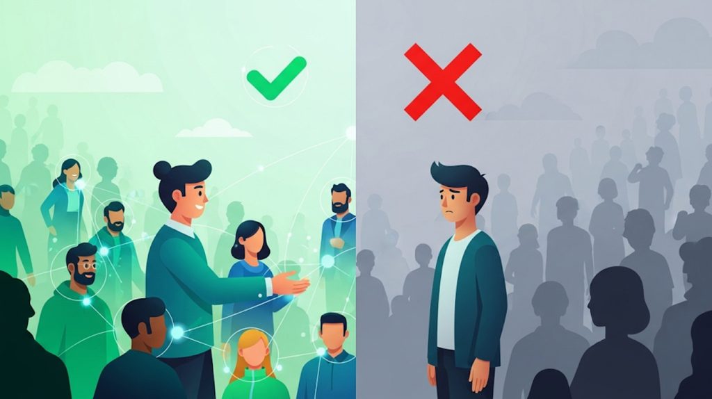 An illustration contrasting a person actively engaging with a community and a person isolating themselves, symbolizing the importance of showing up for your audience.