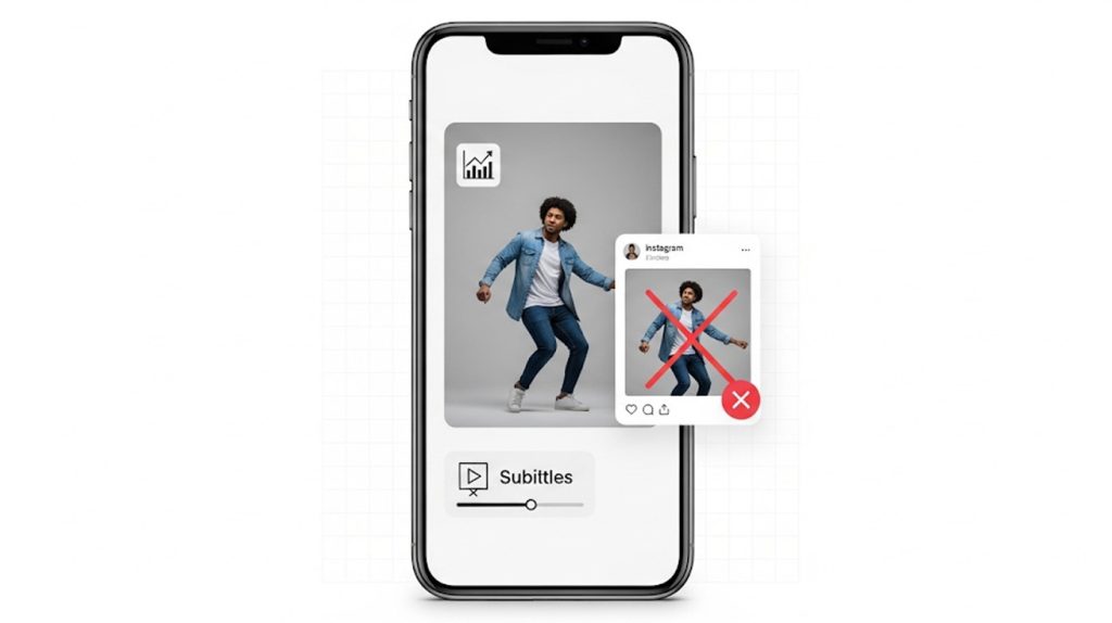 An illustration of a phone screen showing a data-driven strategy for Stories, with icons for analytics and subtitles, contrasting with a feed post that has a red "X" over it.
