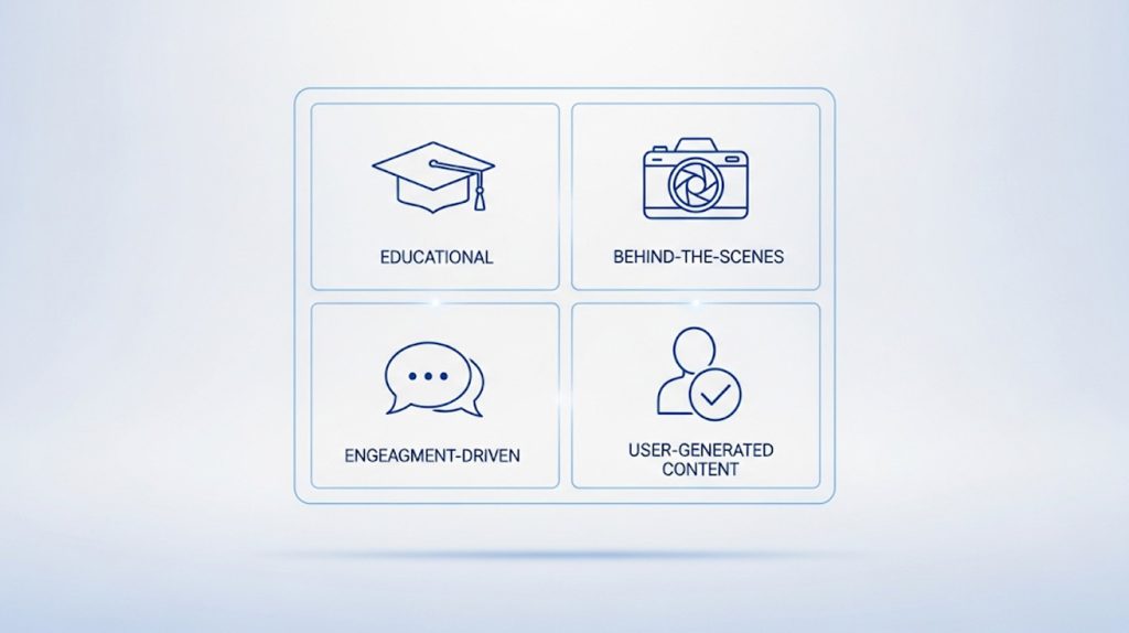 An illustration of a four-part grid or matrix with icons representing the four pillars of a successful content strategy.