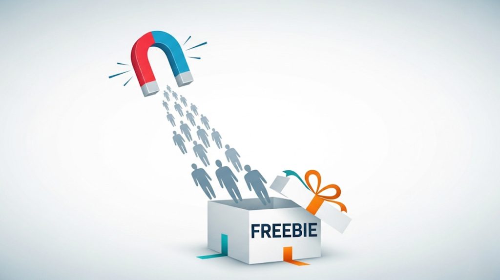 A digital illustration of a magnet attracting a stream of people or abstract figures into a gift box or container labeled "Freebie," symbolizing a lead magnet building a loyal audience.