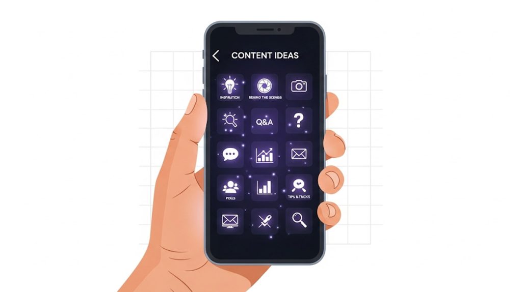 An illustration of a hand holding a phone with a grid of 15 glowing icons representing content ideas for Instagram Stories.