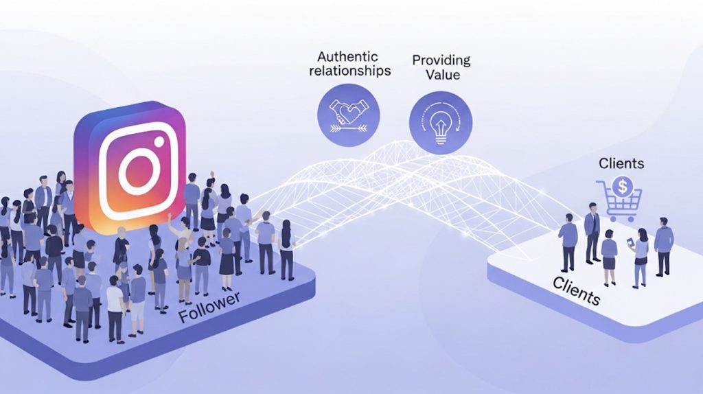 An illustration of a bridge connecting a crowd of followers to a group of clients, symbolizing a clear path from followers to paying clients on Instagram.
