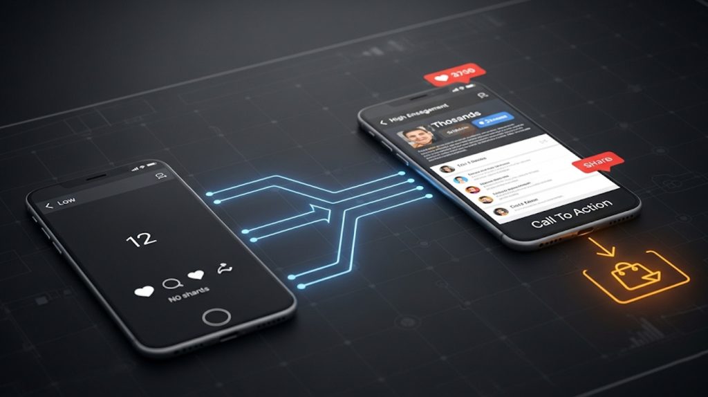 An illustration of a blueprint with a glowing path leading from a phone with low engagement to one with high engagement and a call-to-action icon.