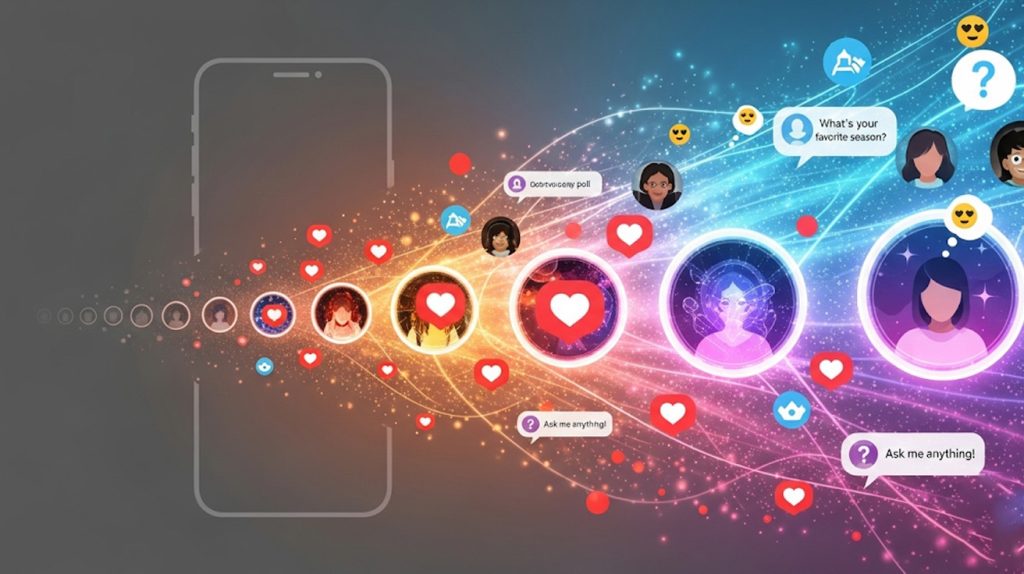An illustration of an Instagram Story timeline with engagement growing from small, isolated views to a large, connected network.