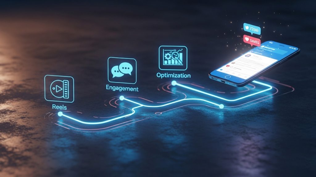 An illustration of a roadmap with glowing lines leading to a successful Instagram post on a phone, symbolizing a strategic plan for growth in 2025.