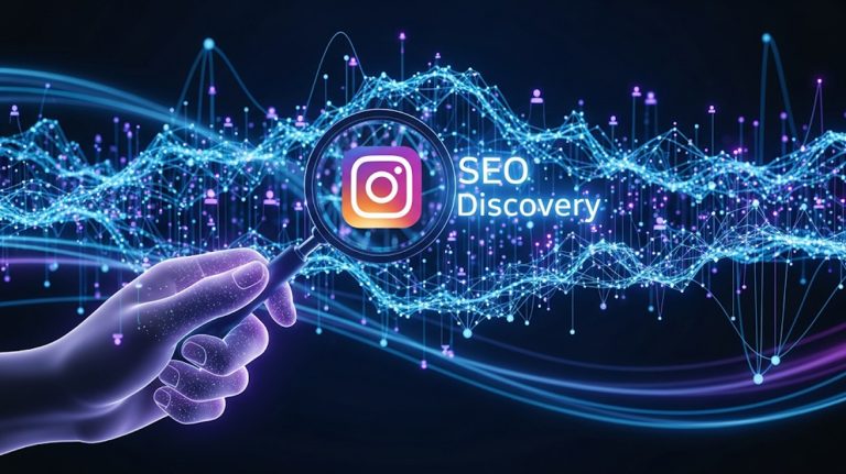 A conceptual illustration of a magnifying glass over an intricate data network with an Instagram logo, symbolizing Instagram SEO.