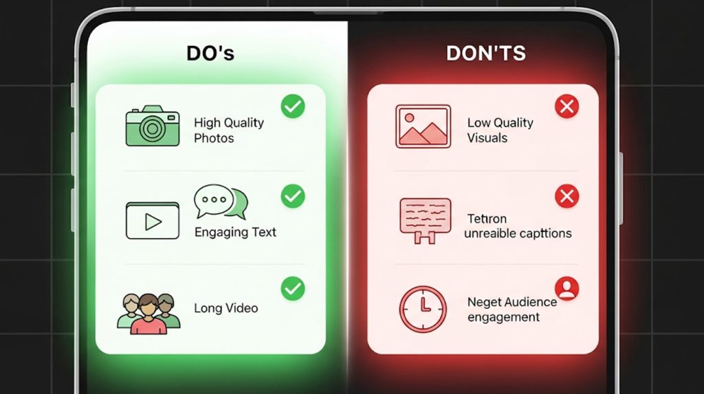 An illustration of a phone screen with two sections: "DO's" with icons for good practices and "DON'TS" with icons for common mistakes, symbolizing a clear rulebook for Instagram Stories.