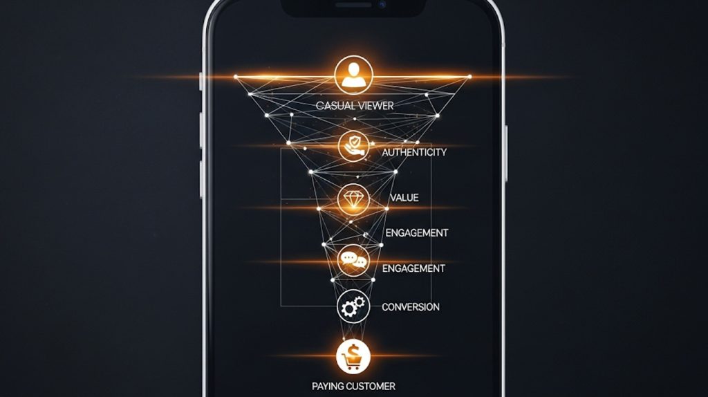 An illustration of a funnel on a phone screen, with icons for authenticity, value, and engagement leading to a dollar sign, symbolizing a strategy to convert followers into clients using Instagram Stories.