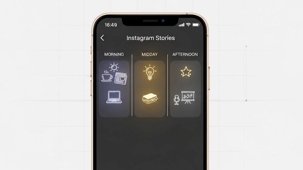 An illustration of a smartphone screen with a timeline divided into morning, midday, and afternoon, symbolizing a daily schedule for posting to Instagram Stories.