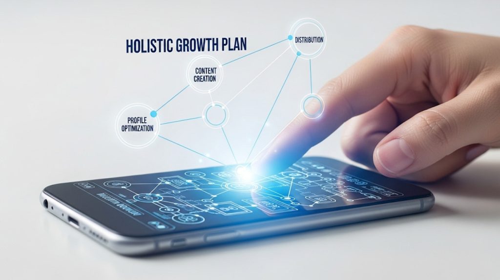 An illustration of a thumb hovering over a smartphone screen that displays a blueprint for a holistic Instagram growth plan.