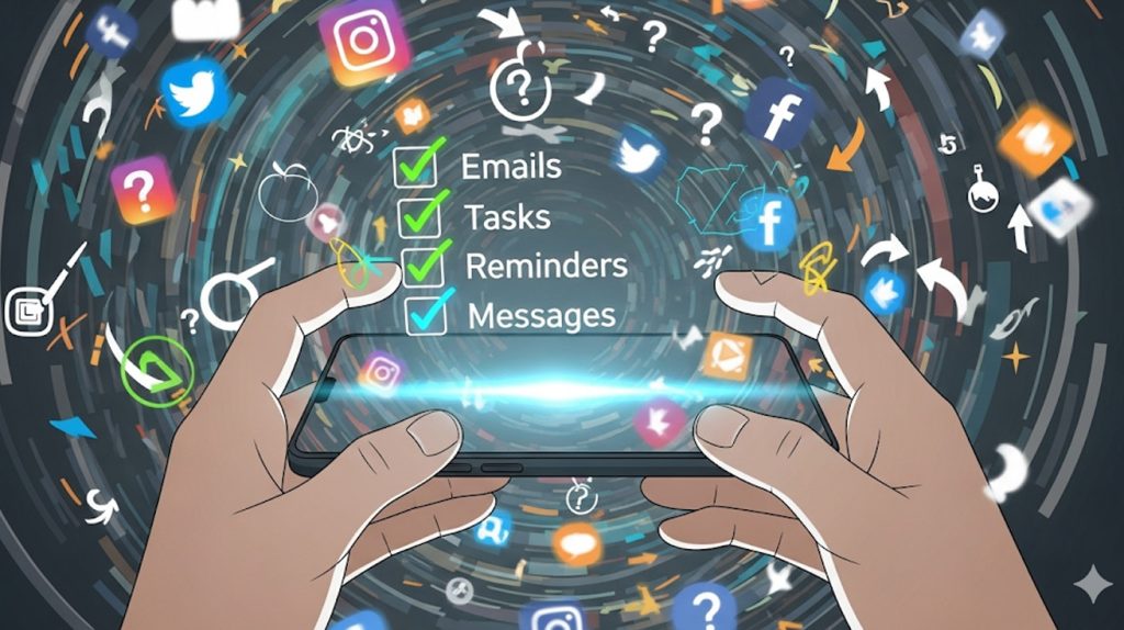 An illustration of a glowing checklist appearing over a chaotic, disorganized smartphone screen, symbolizing a solution for social media problems.