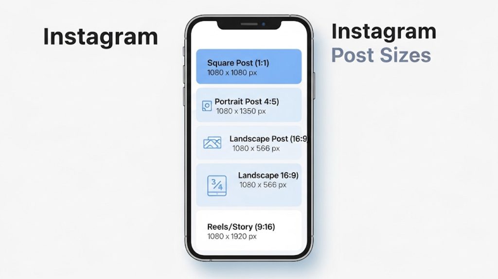 A modern, minimalist infographic showing a guide to Instagram image sizes, featuring a stylized phone screen with different post types and their pixel dimensions clearly labeled.