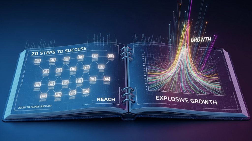 A digital playbook with a blueprint of 20 glowing steps and a graph showing explosive growth rising from the pages. The image represents a strategic guide to increasing Instagram reach.