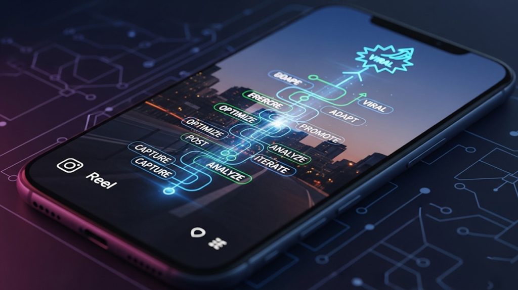 A digital blueprint with glowing lines on a smartphone screen, illustrating the ten steps to creating a viral Instagram Reel. The background is a dark, professional gradient.