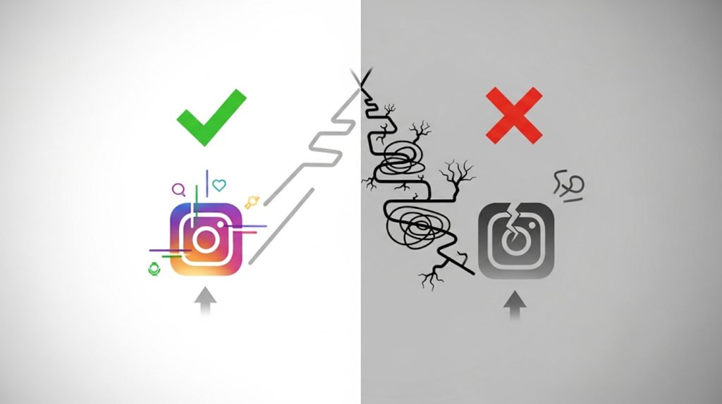 An illustration of a split path, with one leading to a thriving profile and the other to a broken one, symbolizing the choice between a strategic approach and common mistakes.
