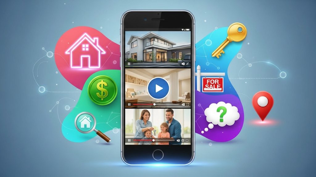 An illustration of a phone screen displaying a video reel surrounded by real estate icons, symbolizing a video content strategy for generating leads.