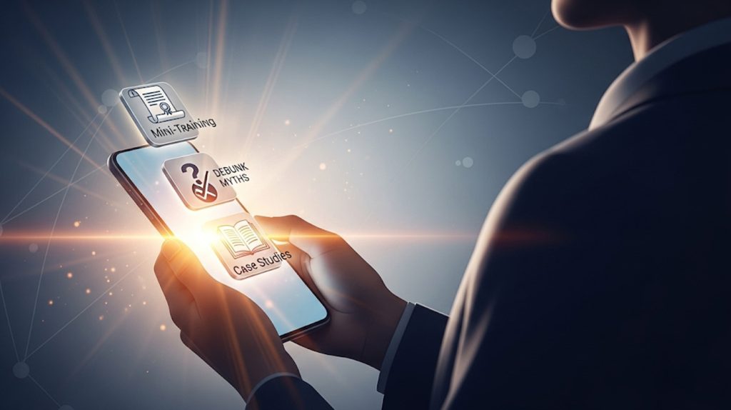 An illustration of a person holding a phone with glowing icons for "Mini-Training" and "Case Studies," symbolizing a source of knowledge and authority.