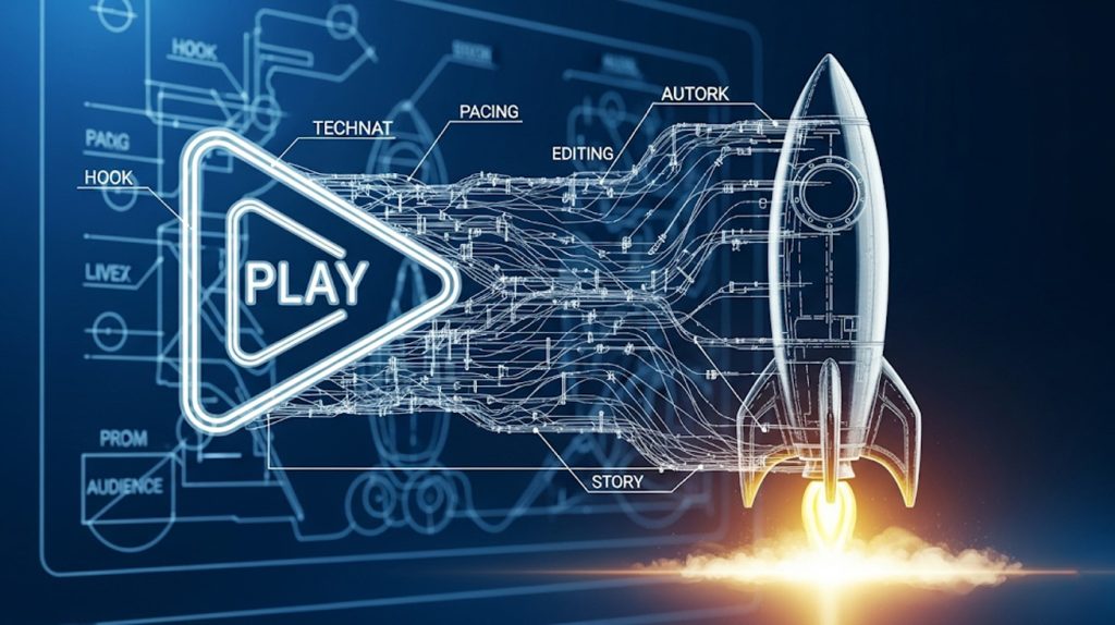 A visual of a video icon transforming into a rocket, with a blueprint drawing showing the strategic steps for a viral launch, representing a planned approach to increasing views.